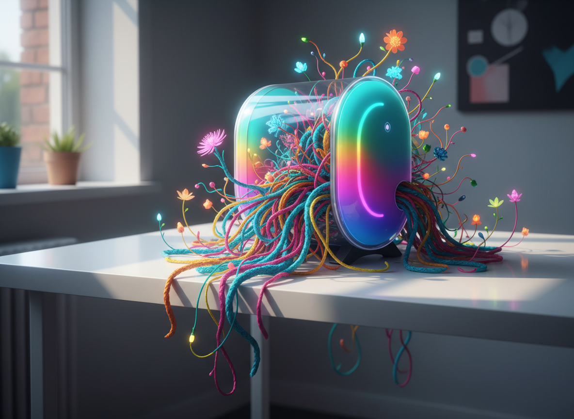 A whimsical tangle of brightly colored cables and roots emerging from a glossy, rounded desktop computer tower, its translucent casing glowing softly with shifting neon gradients of turquoise, magenta, and citrus yellow. The hybrid cables twist into organic, vine-like forms that curl across a smooth white desk and spill over the edge, sprouting tiny LED buds and circuit-flower blossoms. Soft, diffused daylight from an unseen window bathes the scene, creating gentle reflections on the polished surfaces and casting playful, curved shadows. Photographic realism with vibrant, saturated colors and a shallow depth of field, shot at eye level with the evolving machine-organism centered. The mood is curious, playful, and slightly surreal, perfectly capturing the feeling of a confused awakening into digital consciousness.